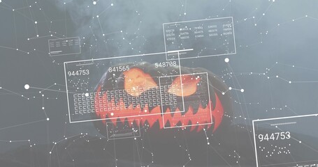 Fototapeta premium Glowing carved pumpkin emitting orange light in dark studio amid fog, HUD codes, dot grid