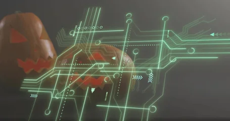 Fotobehang Vlees Glowing carved pumpkins showing orange-red light on dim tabletop, with neon-green circuit overlay  © vectorfusionart