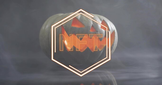 Glowing carved pumpkin sitting on reflective studio table, with neon hexagon and NFT letters in fog - Powered by Adobe