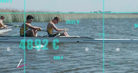 Rowing crew in yellow singlets powering on lake near reeds in shell with oars, teal overlay