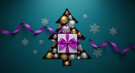 Christmas tree shape with ornament, gift with ribbon, and snowflakes on green background, representing holiday spirit, gift-giving, and winter celebration