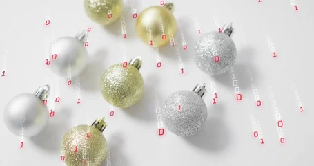 Fotobehang Vlees Metallic gold silver baubles resting on white table, showing 0s and 1s falling in red-white streams  © vectorfusionart