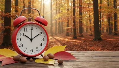 Autumnal Alarm Clock Resting on a Wooden Table Amidst Colorful Fall Foliage and Sunlight