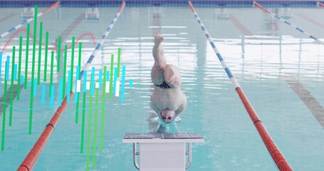 Diving male swimmer entering pool headfirst, block cap goggles briefs under green-blue overlay