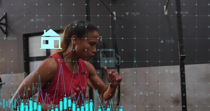 Sprinting mid-adult woman wearing red sleeveless top training by metal rig near doorway, mic, HUD - Powered by Adobe