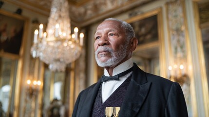 Old man with beard and mustache standing in front of chandelier.