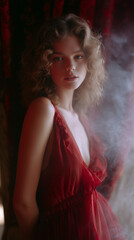 Dreamy Portrait of Young Woman in Sheer Red Dress with Soft Smoke