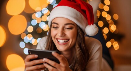 Happy woman in Santa hat laughing while looking at her smartphone with festive Christmas lights in the background.