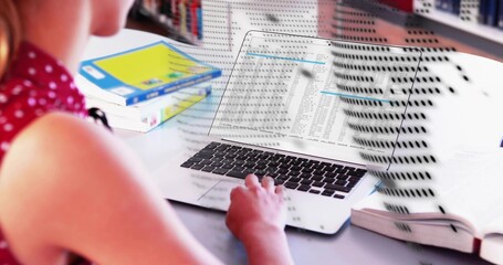 Typing teenager wearing red polka-dot top at desk with laptop and patterned shadow, copy space
