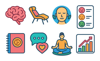 Colorful icons of mental health and wellness practices for mindfulness and growth