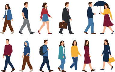 Fototapeta premium Collection of diverse people walking in various outfits, including professionals, casual pedestrians, and individuals with accessories, representing everyday city life in a modern vector style