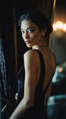 Elegant Woman in Black Velvet Evening Dress with Cinematic Light