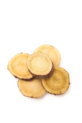 Dried Licorice Root Slices Chinese Herbal Medicine on White Background