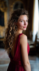 Romantic Portrait of Woman in Red Dress in Elegant Interior