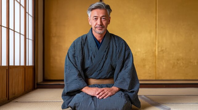Man in kimono sitting in traditional Japanese room.