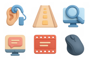 Accessibility icons featuring ear, road, computer, magnifying glass, and mouse for inclusive design projects