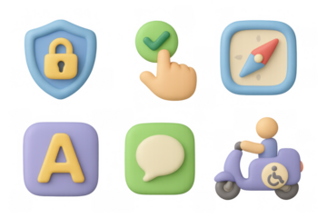 Colorful icon set for mobile and web design featuring security, navigation, and communication