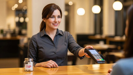 Smiling waitress extends a credit card payment terminal to a customer at a restaurant counter next to a clear glass tip jar filled with cash