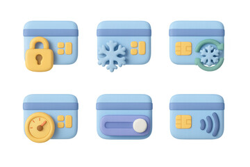 Simple 2d icon set with card, lock, snowflake, and gauge elements for digital design