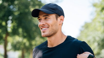 Man jogging outdoors in athletic attire.