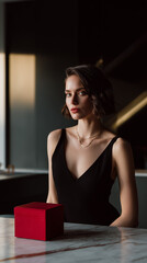 Elegant Woman in Black Dress with Red Gift Box at Marble Table