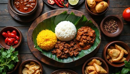 Delicious Malaysian traditional food feast laid out on dark wooden table. White rice yellow rice rich meat curry, savory stew served on banana leaf platter. Spicy red chili fresh green lime aromatic