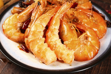 Spicy Glazed Prawns Qingdao Style - Fresh Seafood Cuisine Cooking Traditional Chinese Dish