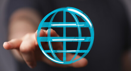 Hand interacts with a digital globe icon, symbolizing global connection, networking, and technology.