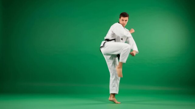 Man practicing martial art in taekwondo studio, doing high kick for fitness and self defense, for chroma key effect
