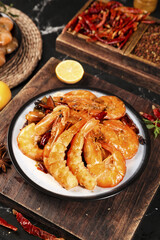 Spicy Cooked Prawns with Chili Peppers Traditional Chinese Seafood Cuisine Qingdao Style