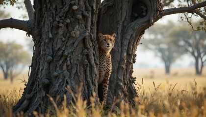 a cheeta is watching to his hunt from behind a big tree