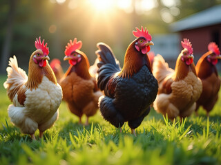 Fototapeta premium Vibrant chickens roaming freely in a sun-kissed farmyard at dawn celebrating the joy of rural life