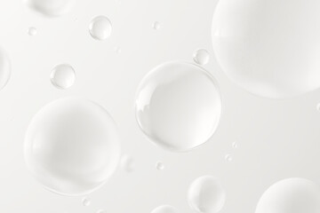 Floating white bubbles in a pristine white background, an abstract scene of purity and lightness for cosmetics, cleaning, or wellness branding; bubbles hover calmly, conveying serenity and freshness