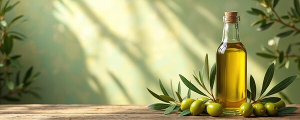Glass bottle with golden olive oil stands on rustic wooden table. Fresh green olives, leaves from olive tree branch next to. Soft sunlight creates natural shadows on blurred eco green background.