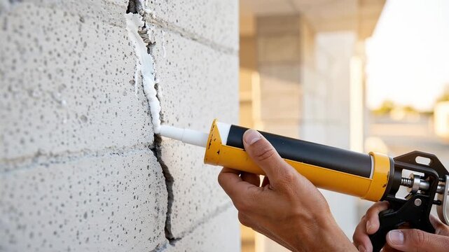 close up of a hand applying white sealant into a crack in an exterior wall using a caulk gun during home repair work