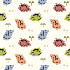 Dinosaur line cartoon so cute. On footprint tree background. Pattern seamless vector illustration. 