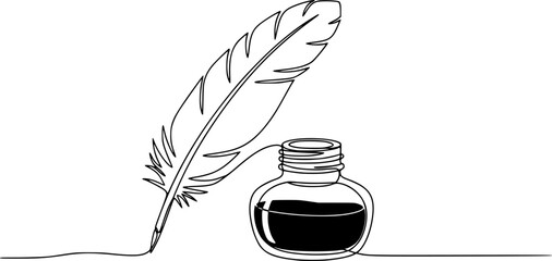 Inkwell and pen continuous line drawing. One line feather with ink vector illustration, Continuous One line drawing of Traditional Quill and Ink. Traditional feather quill with a basic ink bottle.	
