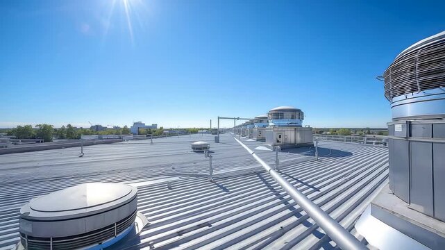 Modern industrial rooftop with metallic ventilation units and clean architectural structures under clear blue sky showcasing energy efficient building design