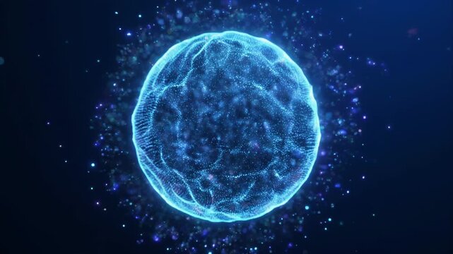 Animated spherical cell undergoing mitosis surrounded by glowing particles in dark blue fluid. Concept of biology, life formation and microscopic science