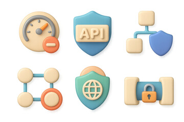 Security icon set with api, lock, and shield designs for digital interfaces