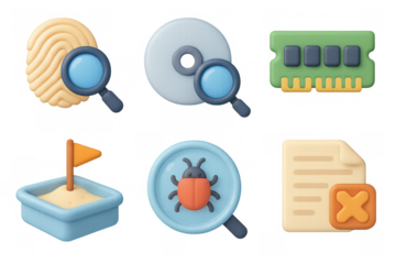 Forensic icon set featuring fingerprint analysis, bug detection, and data elements for digital security design