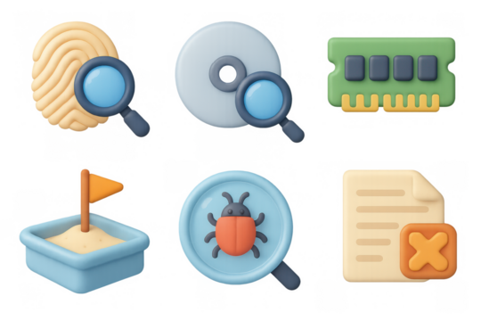 Forensic icon set featuring fingerprint analysis, bug detection, and data elements for digital security design - Powered by Adobe