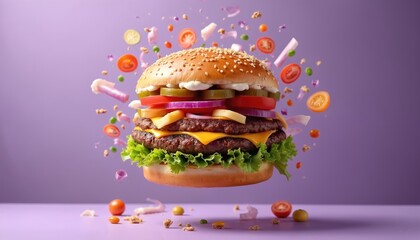 Exploding double cheeseburger with flying ingredients mid air against purple background. Juicy beef patties cheese lettuce tomato onion pickles float, dynamic food art.