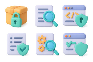 Cartoon security icons set for digital data protection and web design