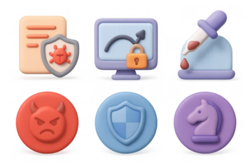 Cybersecurity emblems and icons set featuring shields, virus, and security symbols for digital protection design