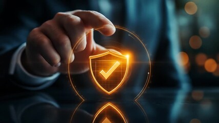 Hand touches a glowing gold shield with a checkmark, symbolizing robust digital protection