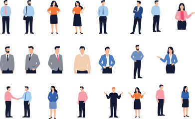 Collection of business professionals in various poses, including standing, presenting, talking, and handshaking, representing teamwork, office communication, and corporate workplace scenes in vector s