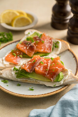 Salmon toast with avocado and cream cheese, breakfast, healthy food