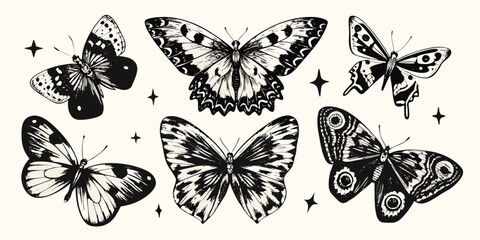 A collection of intricately detailed black and white butterfly illustrations with star accents