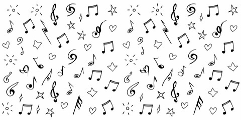 A whimsical pattern featuring musical notes stars and hearts on a white background